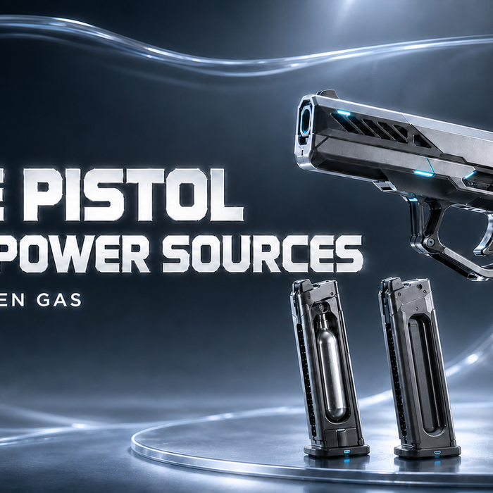 Futuristic dual-power Airsoft GBB pistol with a CO2 magazine and a Green Gas magazine