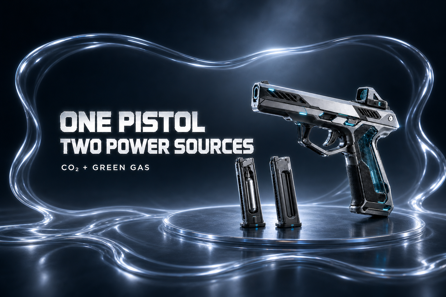 Responsive futuristic dual-power Airsoft GBB pistol cover with CO2 and Green Gas magazines
