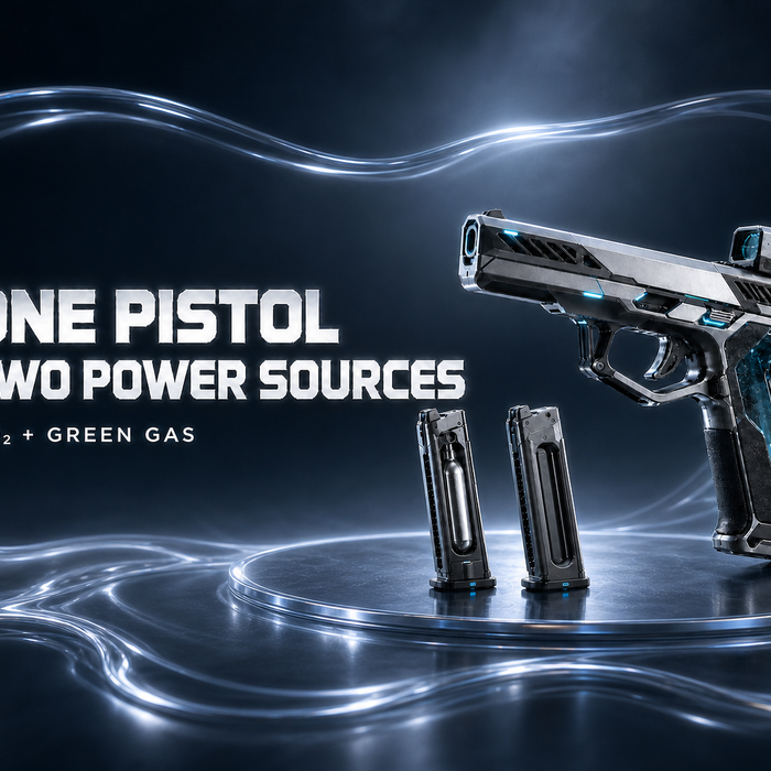 Responsive futuristic dual-power Airsoft GBB pistol cover with CO2 and Green Gas magazines