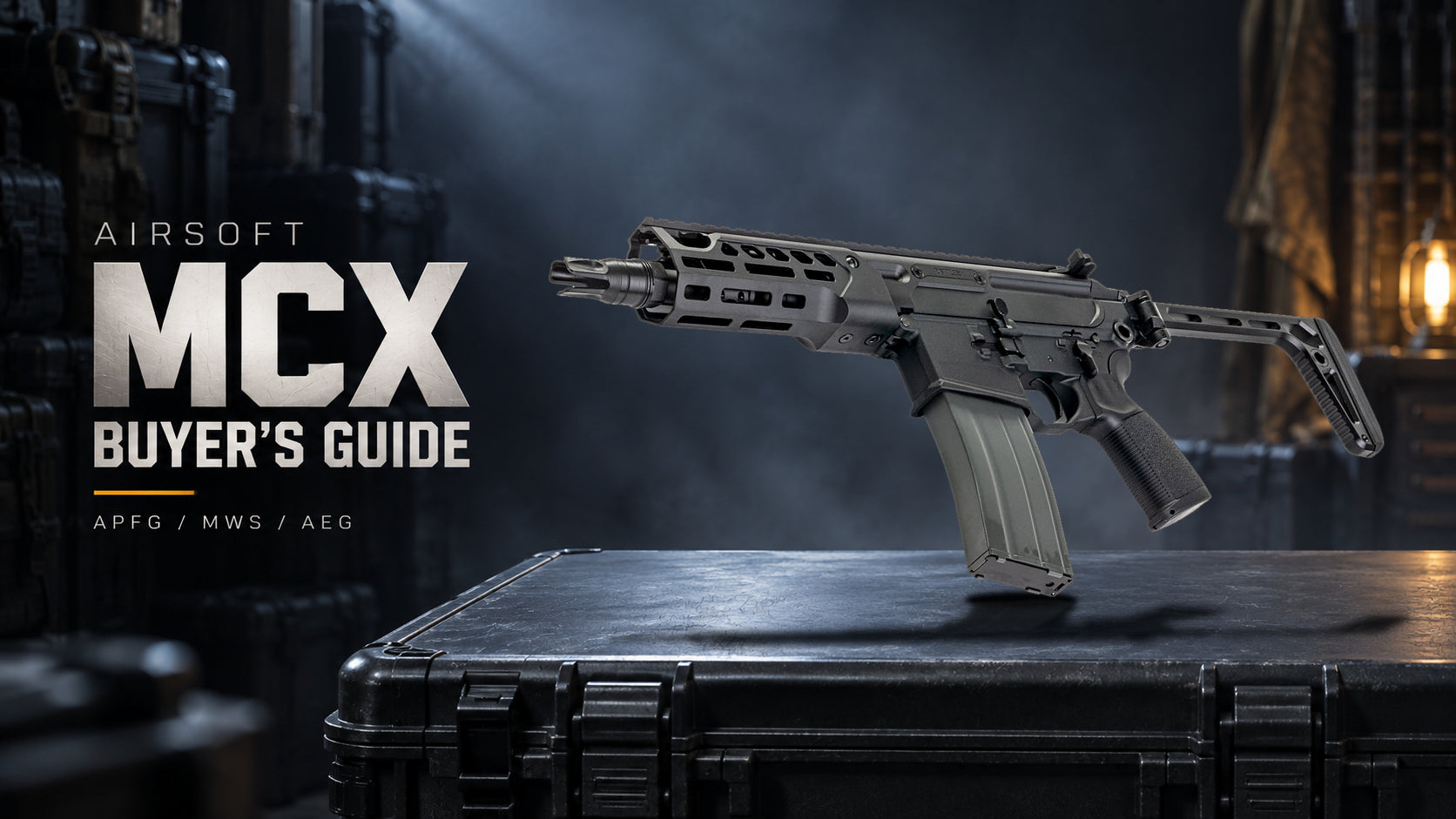 Airsoft MCX buyer's guide with an original APFG Rattler LT photograph positioned above a transport-case lid with contact and cast shadows