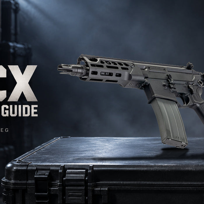 Airsoft MCX buyer's guide with an original APFG Rattler LT photograph positioned above a transport-case lid with contact and cast shadows