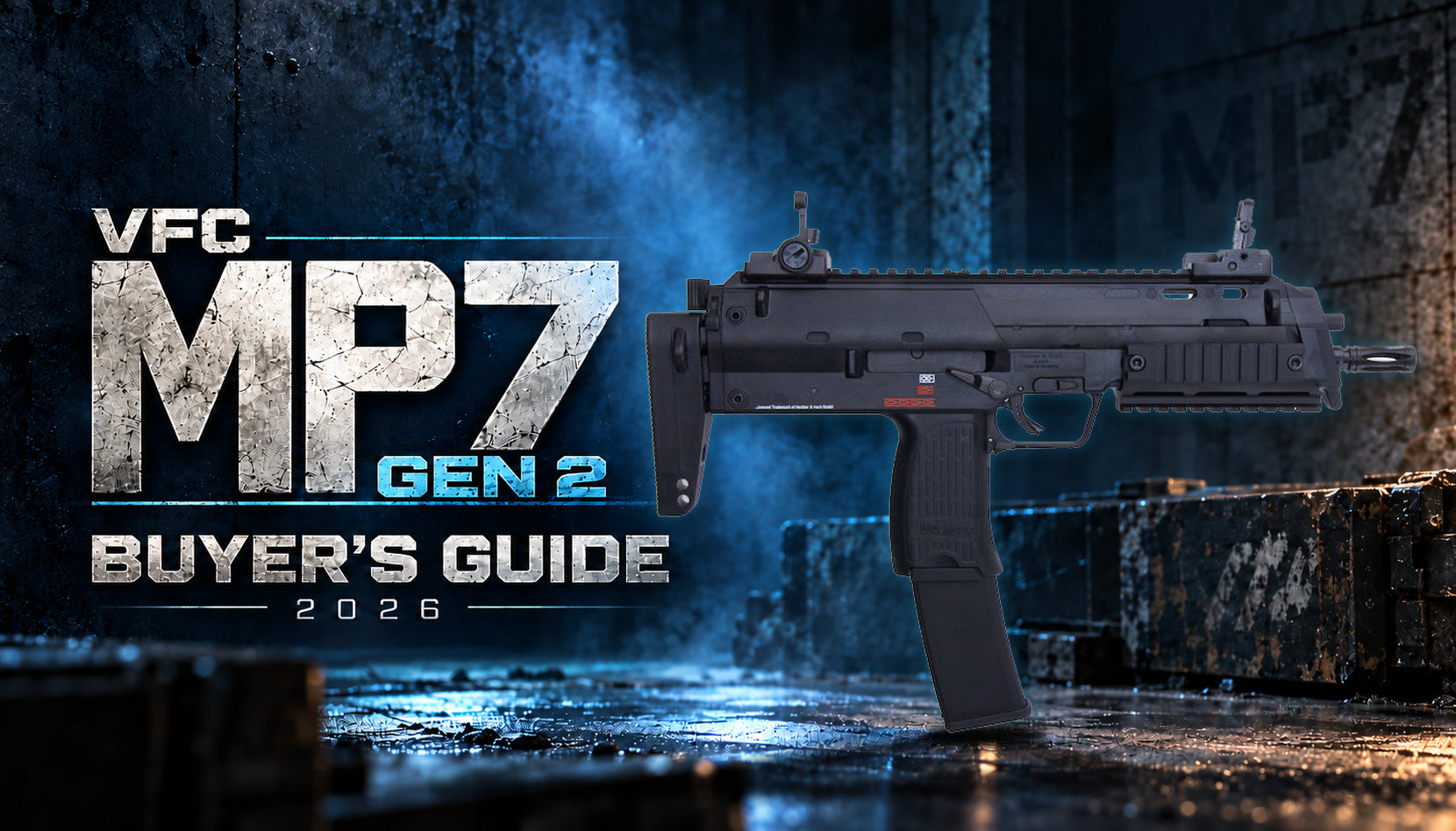 VFC MP7 Gen 2 buyer’s guide 2026, original product photo with natural ground shadow on a blue industrial background