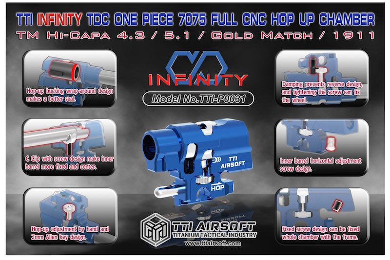 TTI Airsoft Infinity One Piece Full CNC TDC Hop Up Chamber For Tokyo Marui Hi Capa GBB Airsoft (Blue)