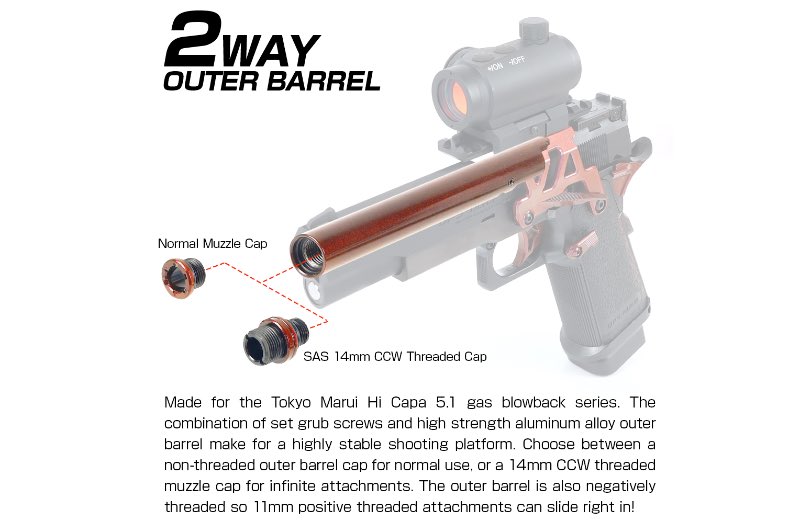 Nine Ball '2Way Fixed' Non-Recoiling ZANSHIN Series Outer Barrel For Marui Hi-Capa 5.1 (Kurenai Red)